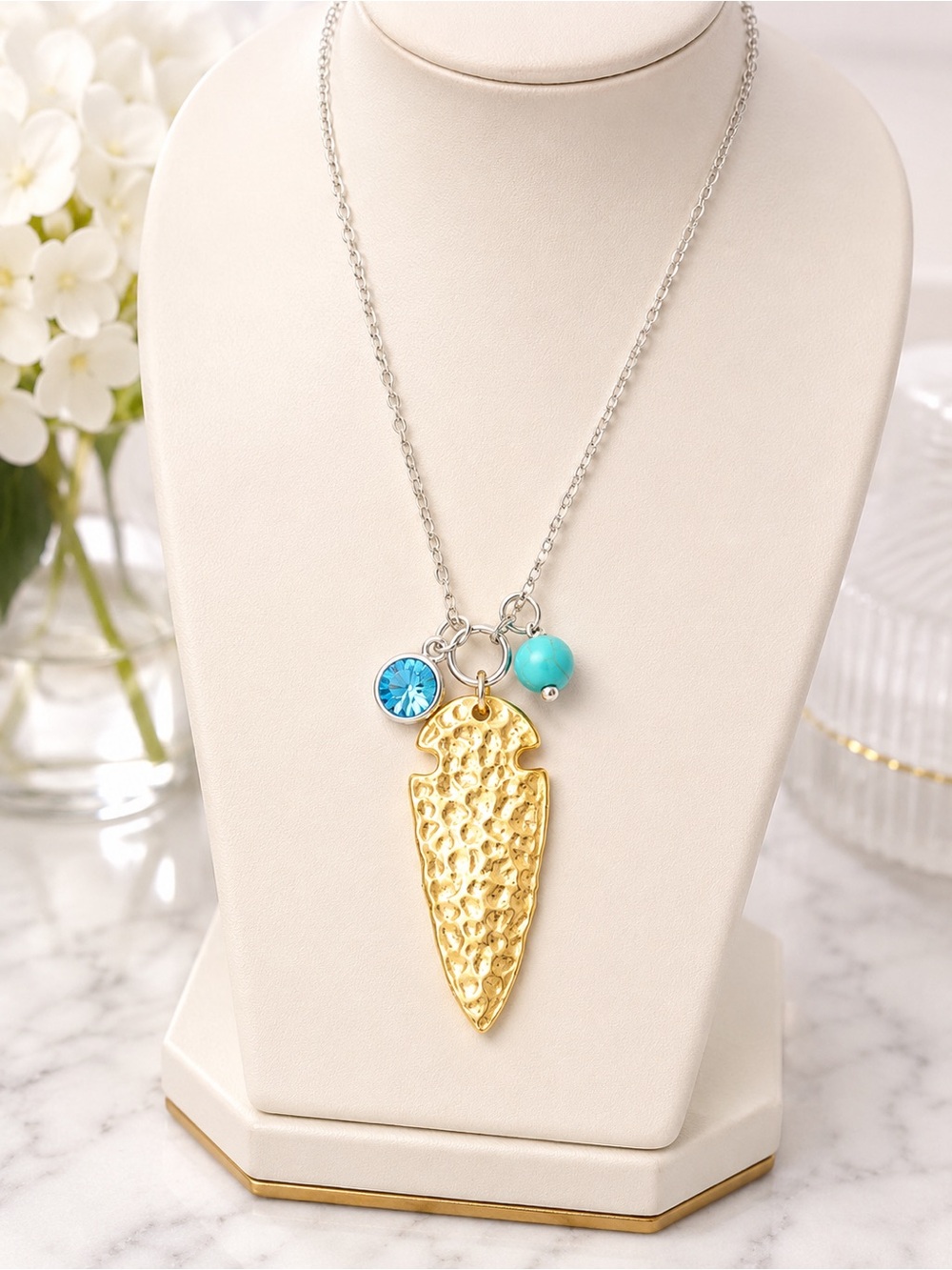 Natural Stone Arrowhead Pendant Necklace Turquoise Crystal Boho Statement NWT